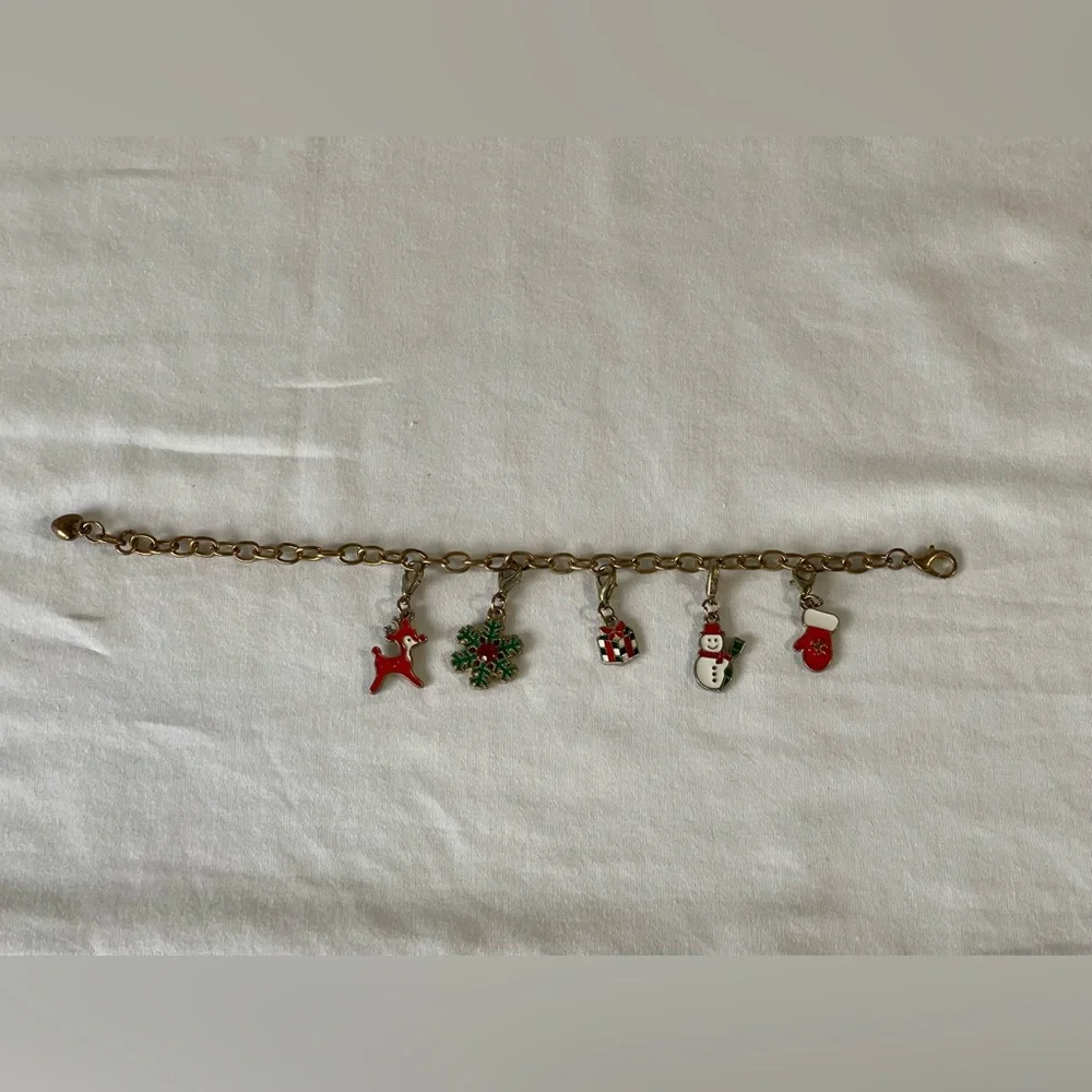 Vintage Christmas charm bracelet, gold tone, removable, charms